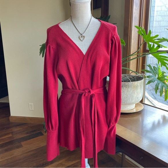 CAbi Red Ribbed Cotton V-Neck Belted Sweater with Puff Bishop Sleeves Style#5634 - Picture 1 of 12